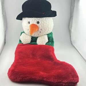 Vintage Wooly Fleece Snowman Hat and Carrot Stocking‎ CHristmas Red White Black
